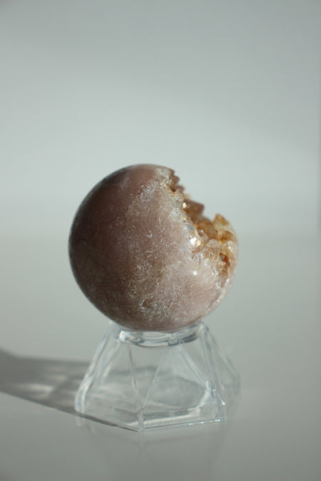 Amethyst mini sphere with soft pink and deep yellow tones with a wide druzy filled mouth