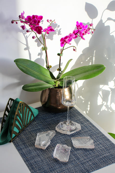 A set of four Clear Quartz crystal coasters on a blue placemat. One coaster has a Champagne glass on it. Behind the coasters  is a pink orchid in a bronze pot. Next to the orchid to the left is a napkin holder, with green napkins. The room is white. 
