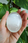 A glowing white selenite palm stone sits in a persons hand. in the background is a green plant 
