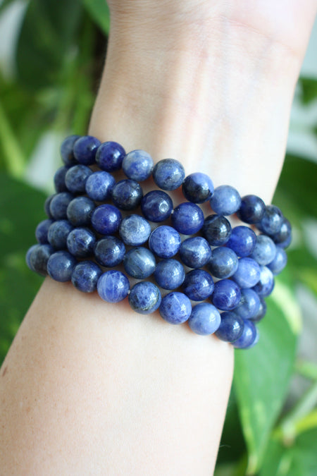 A deep blue stack of Sodalite bracelets in front of a green plant 