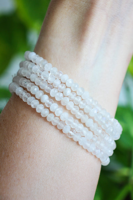 Delicate faceted Moonstone bracelets stacked on a wrist. 23 Urban. 