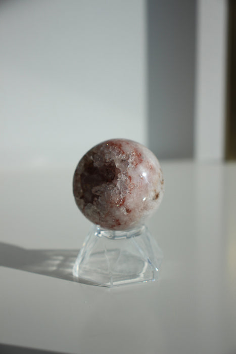 White and pink mini amethyst sphere with shimmering white druzy points