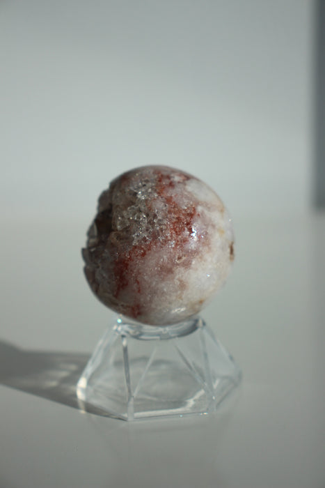 White and pink mini amethyst sphere with shimmering white druzy points