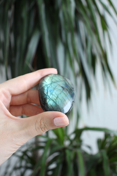 Blue and Yellow Flash Labradorite Palm Stone. 23 Urban. Dubai crystals.