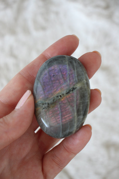 Pink and Purple flash Labradorite Palm Stone in front of a green background. 23 Urban. Dubai crystals.