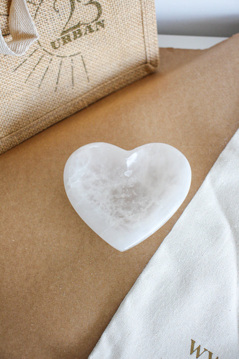 A beautiful white Selenite heart shaped bowl, perfect to store jewellery. Dubai crystals, 23 Urban 