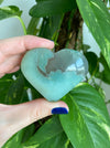 A beautiful Green Flower Agate Heart is held in front of a green plant